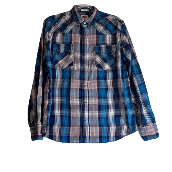Men's Levi Western Cowboy Blue Plaid Pearl Snap Button Down M Standard Fit Shirt - Picture 1 of 10